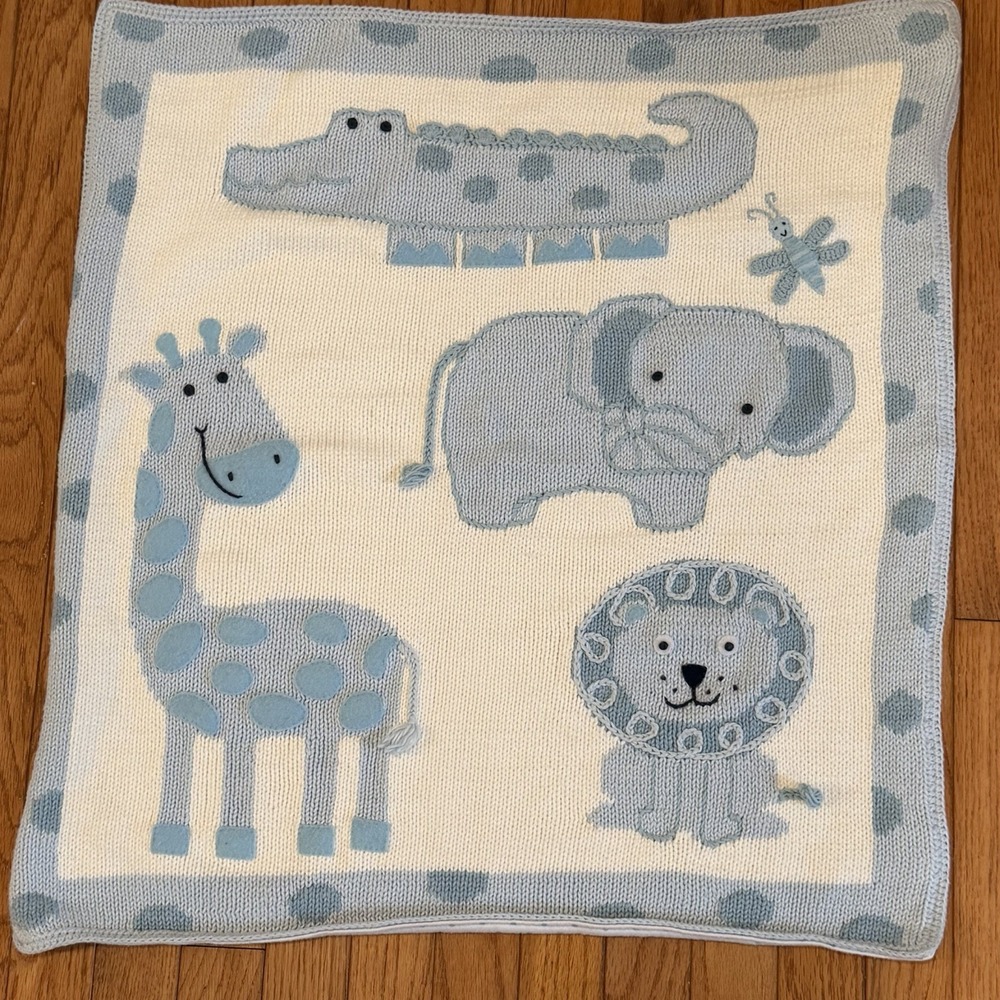 Art Walk Safari Animal Blue Baby Blanket Knit Cotton Made in Peru 28"x 26"